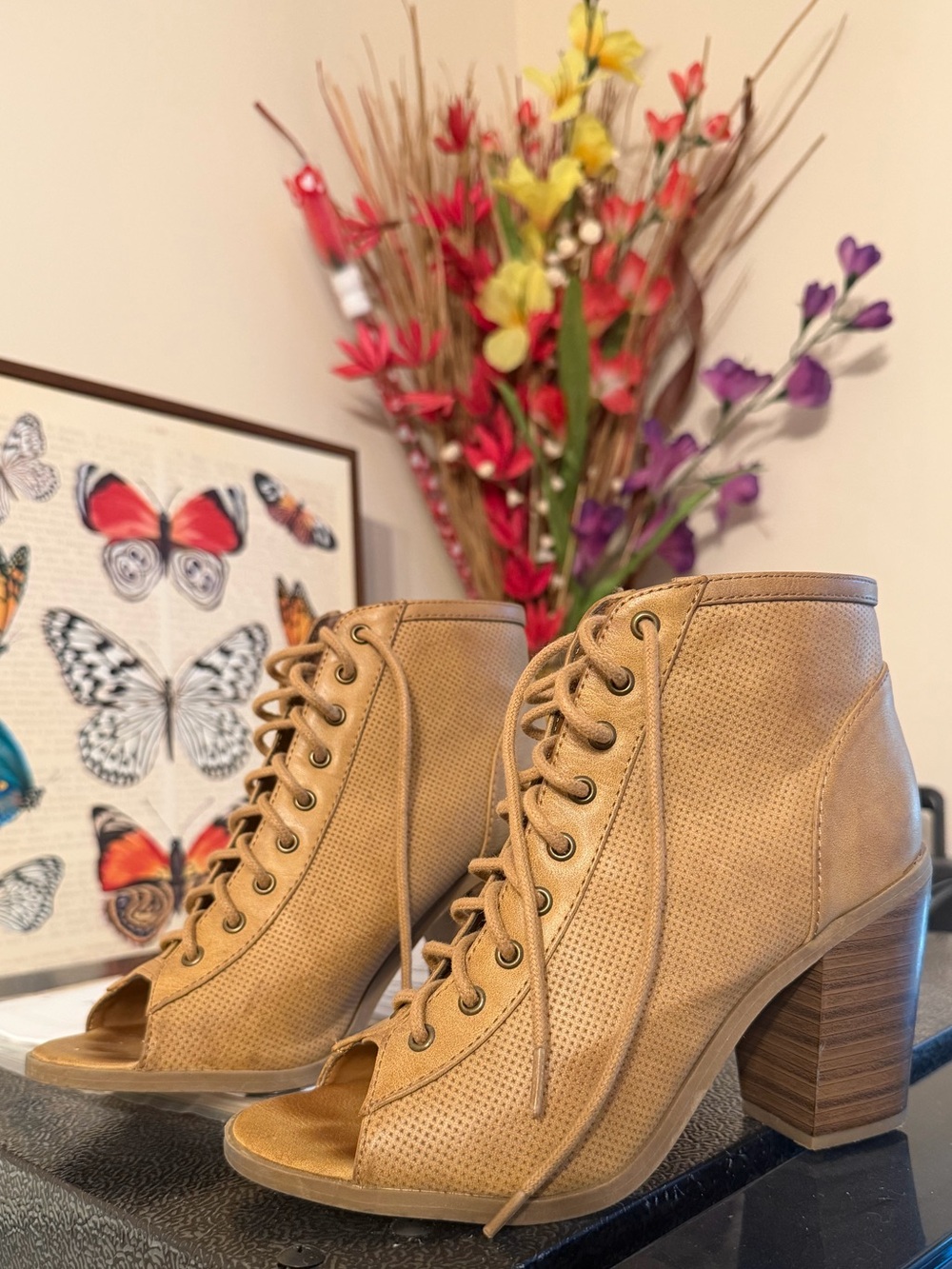 Lace-Up Tan Peep-Toe Ankle Booties